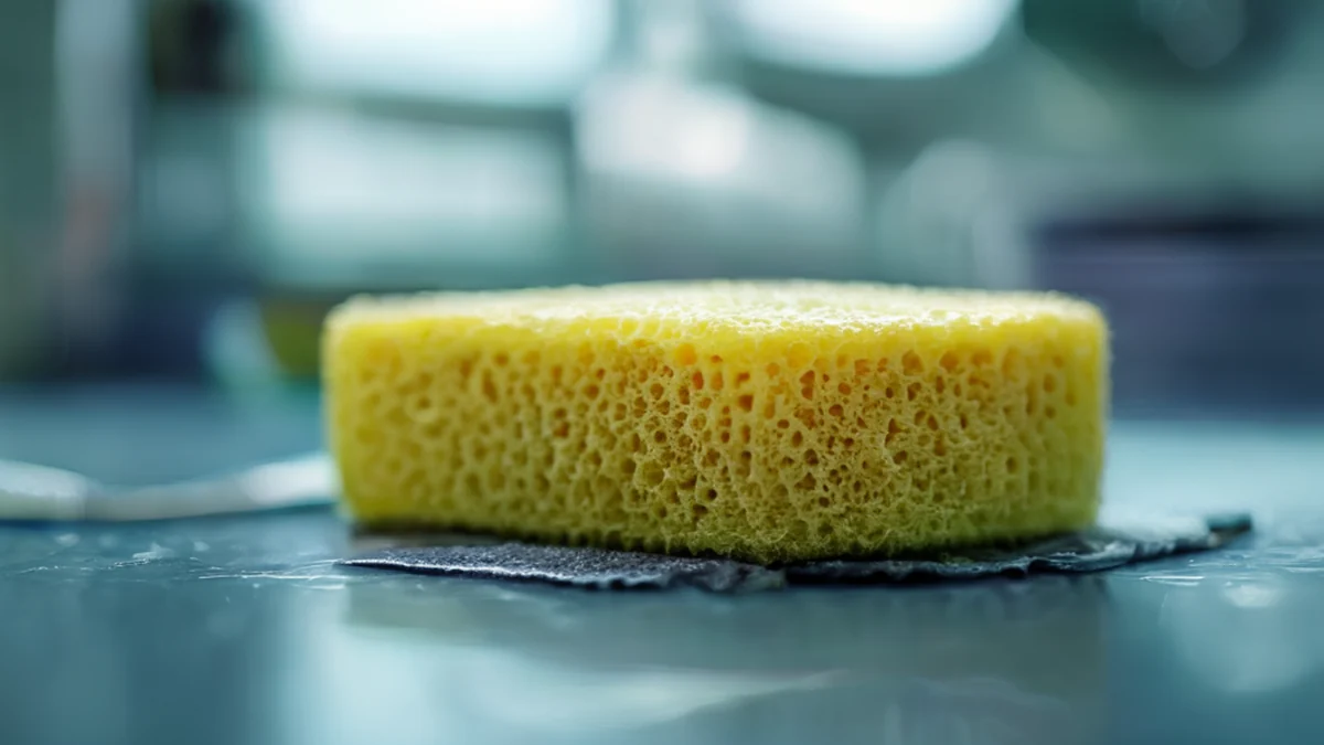 Medizinischen Verfahrens verwendeter chirurgischer Schwamm, aus absorbierendem Material hergestellt.