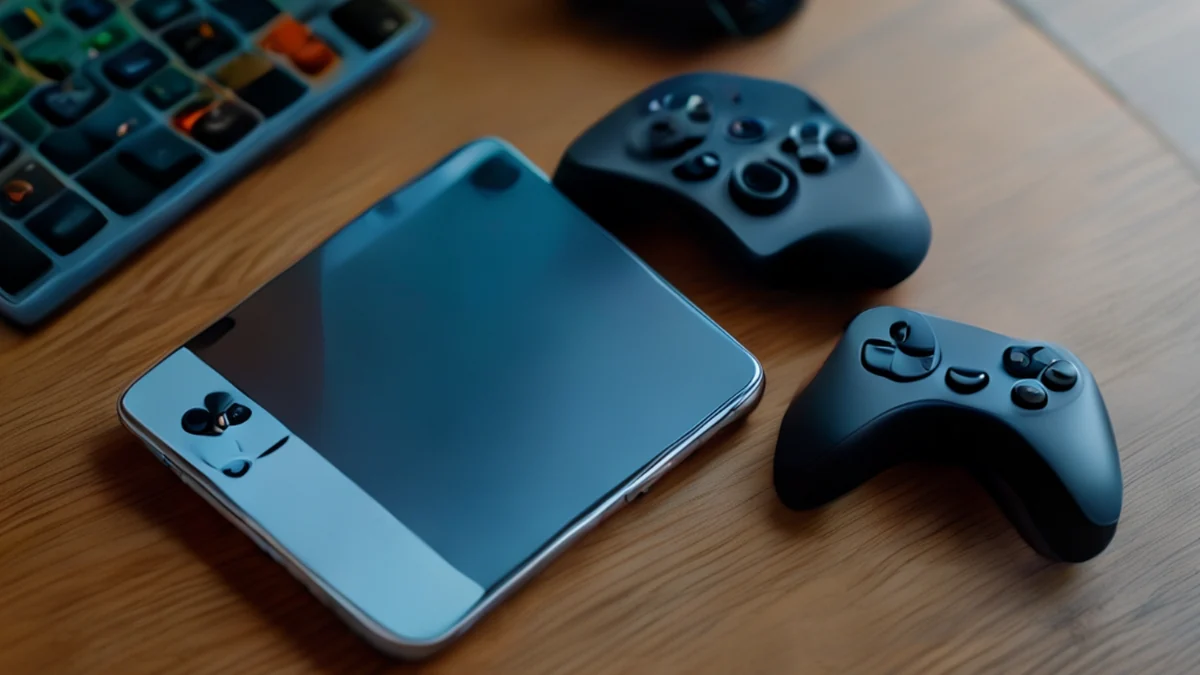 テーブルの上に複数のゲームデバイスが置かれています。