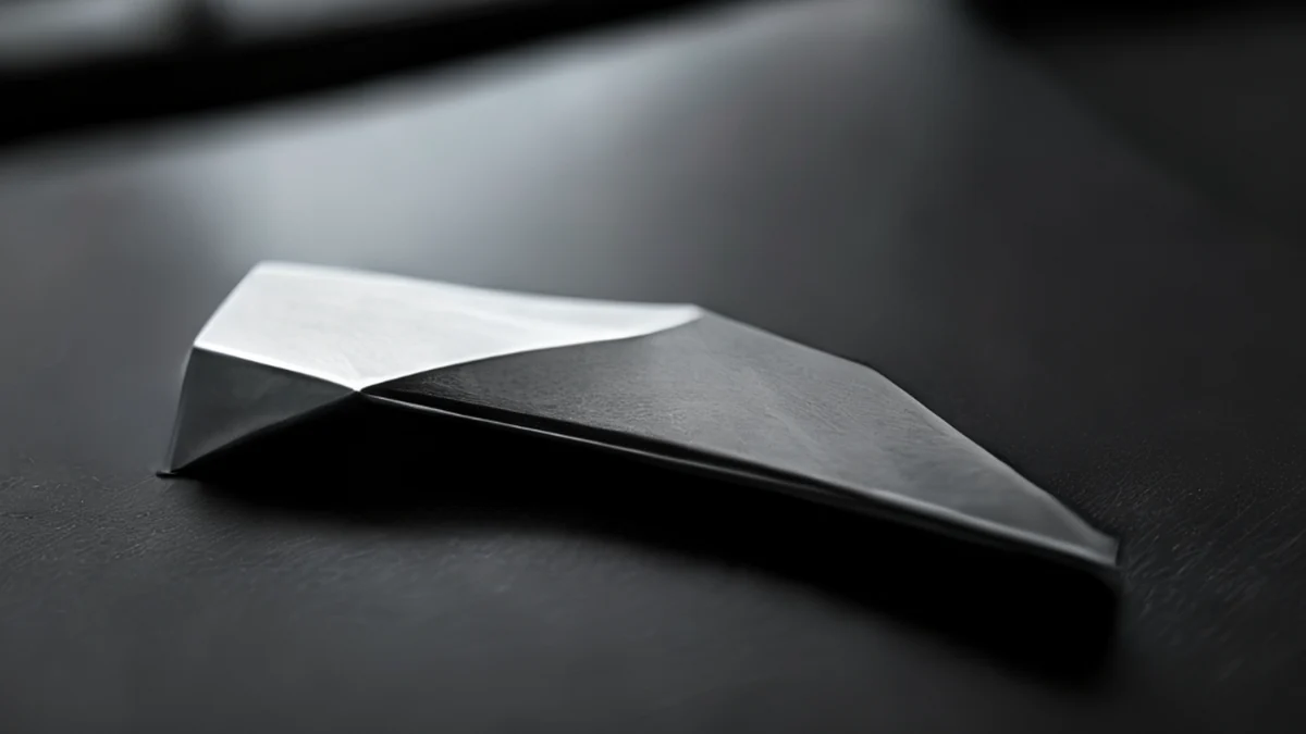 Um wedge de tungsteno com um clip de aço, superfície prateada polida, forma triangular afilada, repousando em uma superfície negra mate, luz suave da janela, profundidade de campo baixa, realismo fotográfico, foco afiado, detalhes altos