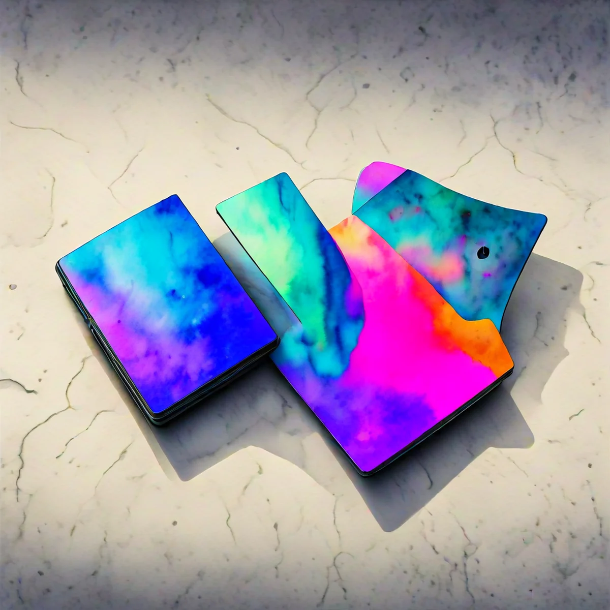 Watercolor depiction of clamshell and book-style foldable phones