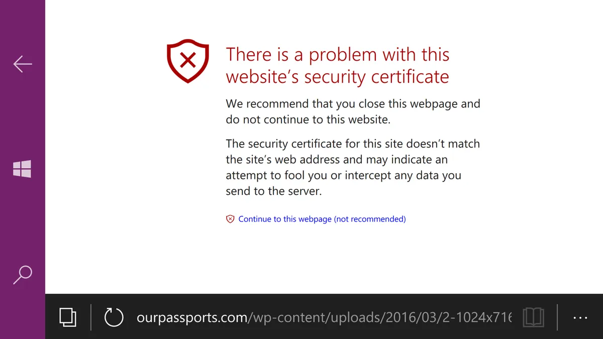 Microsoft Edgeウェブブラウザにおいて、ウェブサイトが有効期限切れのセキュリティ証明書を持っている場合に表示される警告ウィンドウ。Microsoft Windows 10 Mobile操作システム内でのみ表示される。