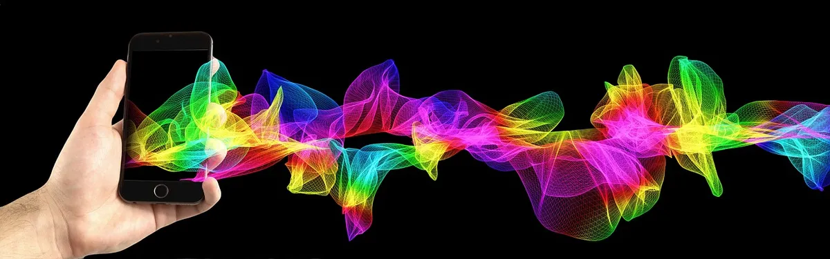 mobile phone, smartphone, hand, particles, waves, colorful, lines, pattern, abstract, design, interference, lights, banner, communication, mobile phone, smartph