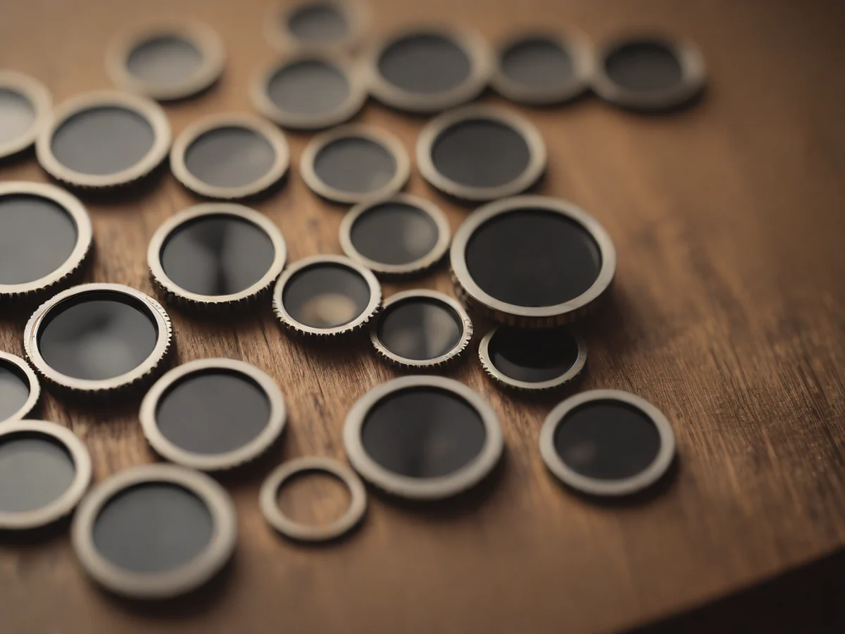 Close-up of a smartphone camera module, with detailed emphasis on circular lens arrangement and delicate light reflections visible on a wooden table.