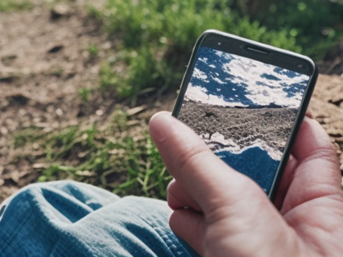 A smartphone resting in a hand on an outdoor park bench. The phone's screen, partially visible from the pocket, displays a landscape photo taken under natural light.