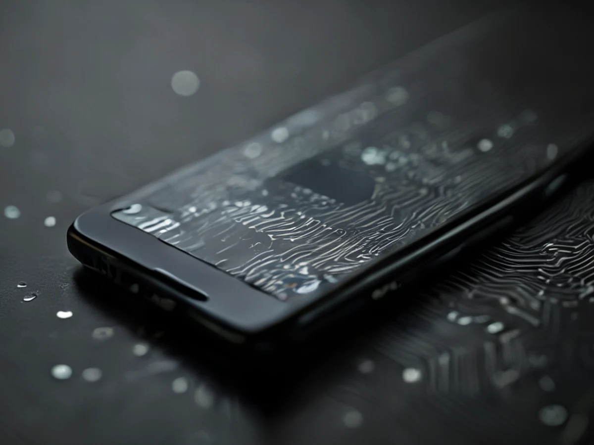 Rear detail of a smartphone with an integrated camera lens, featuring lighting and textures symbolizing security and precision technology
